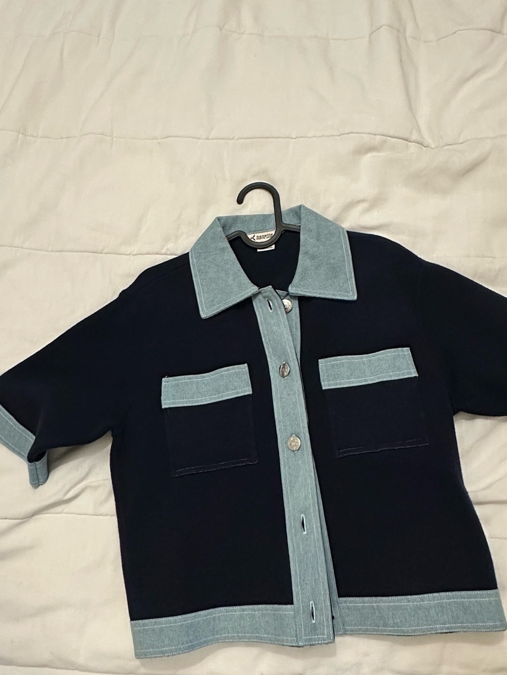 Contrast Trim Button-Up Shirt Jacket - Navy & Light Denim
